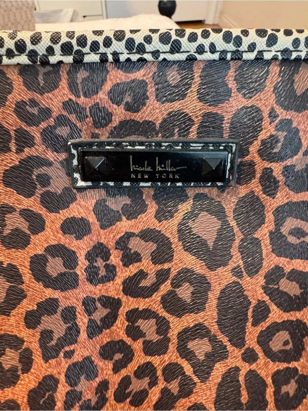 Nicole Miller Leopard-Print Cosmetic Bag in Brown with Black Trim